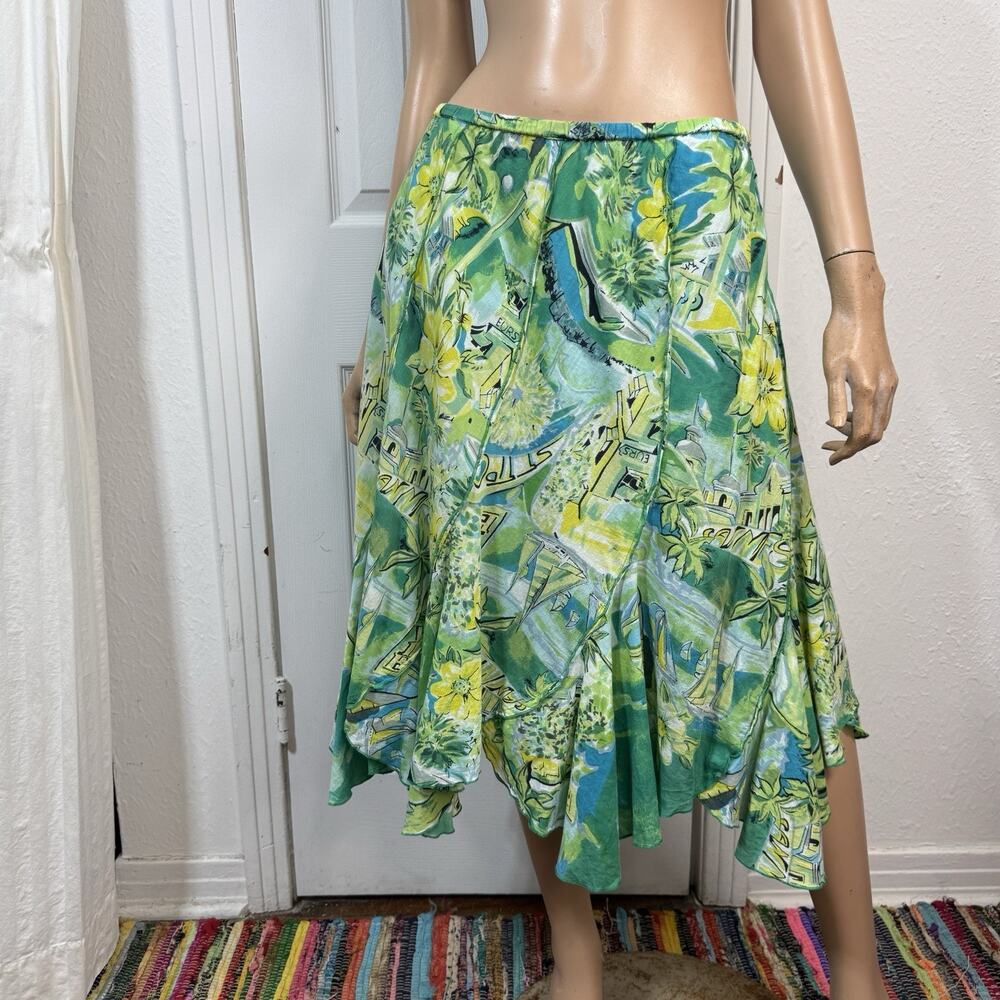 Bila Tropical Floral Cotton Midi Skirt L Asymmetrical Hem Flounced Resort